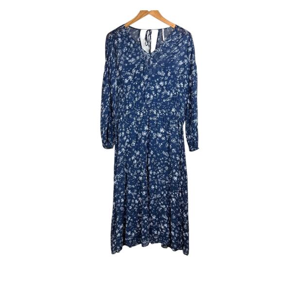Free People Navy White Floral Long Sleeve Back Tie Blouson Bohemian Midi Dress - Picture 11 of 16